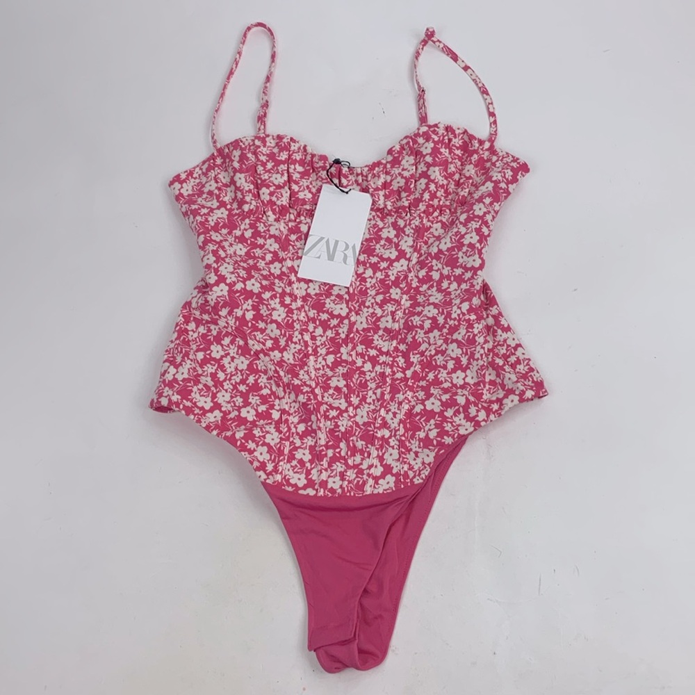 Zara Pink Floral Body Suit Tank Top Style Size Small Adjustable Zip up New NWT